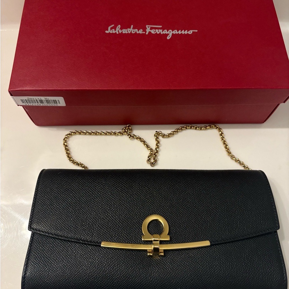 Salvatore Ferragamo Black Clutch with Gold Chain